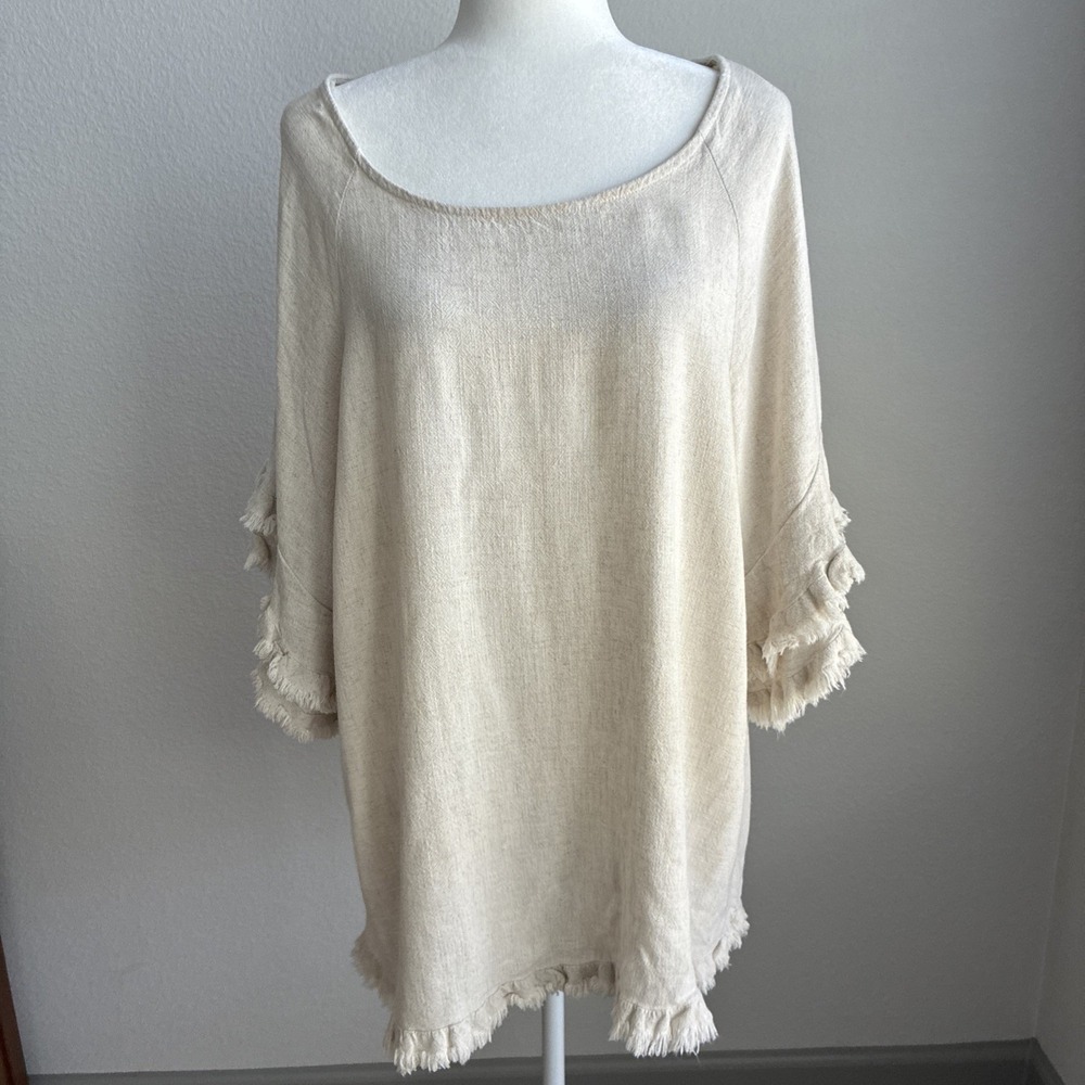 Umgee Linen Blend Tunic Top 1XL Frayed Hem Sleeve Boho Coastal Resort Peasant